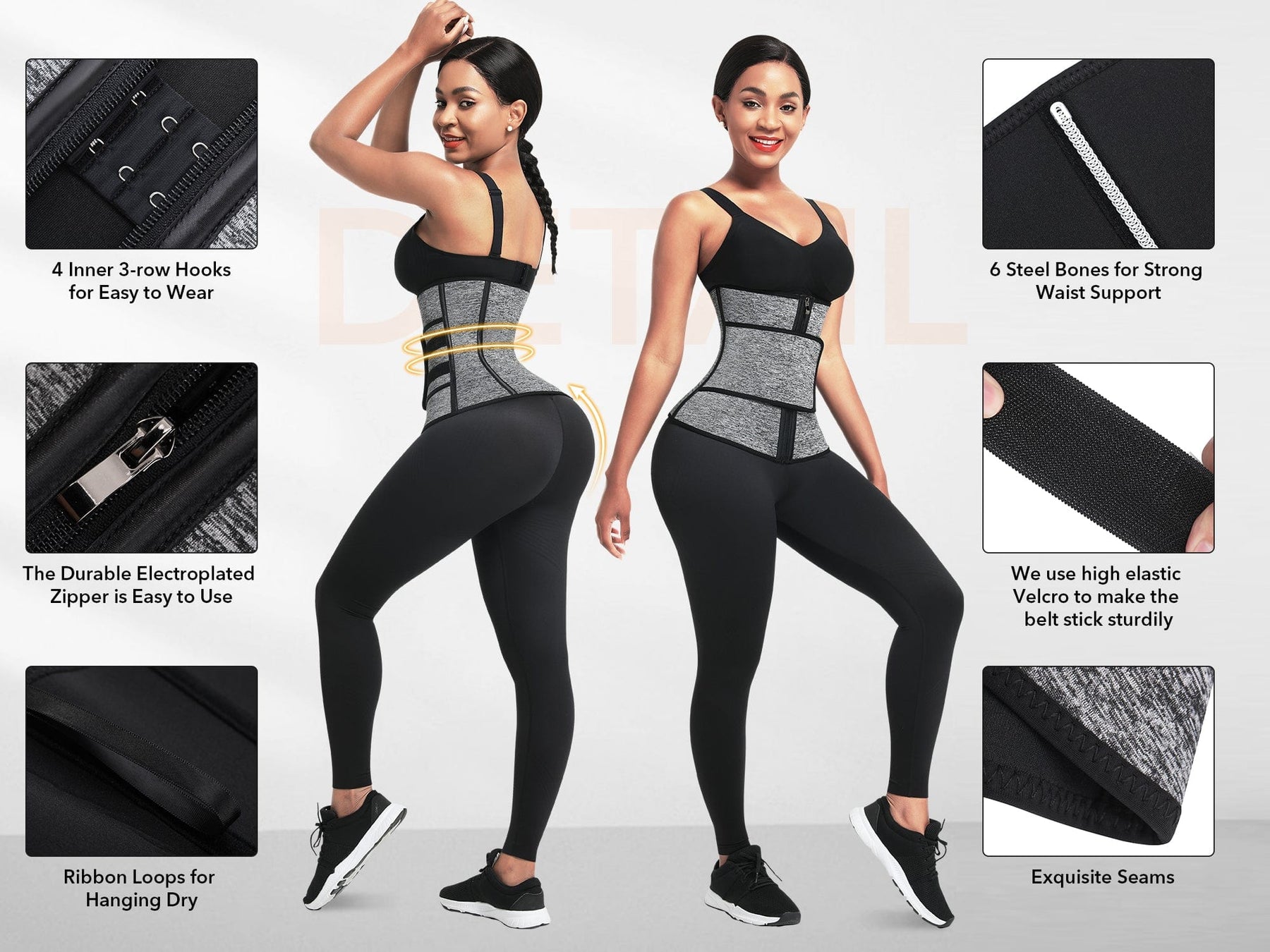 Grey 6 Steel Bones Waist Trainer With Belt Slimming Belly